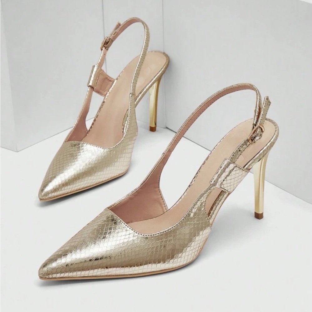 Gold, metallic snake print, slingback stiletto heels